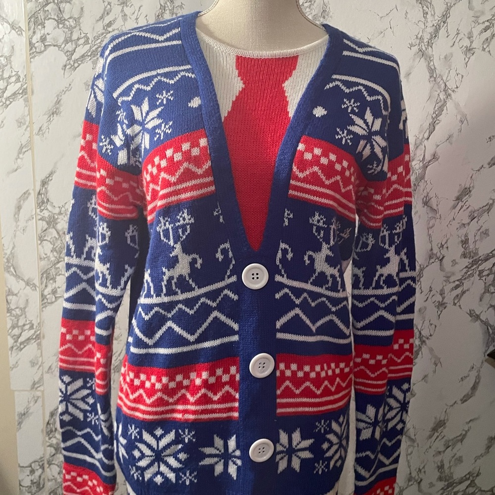 Jolly Sweaters blue, red & white reindeer sweater